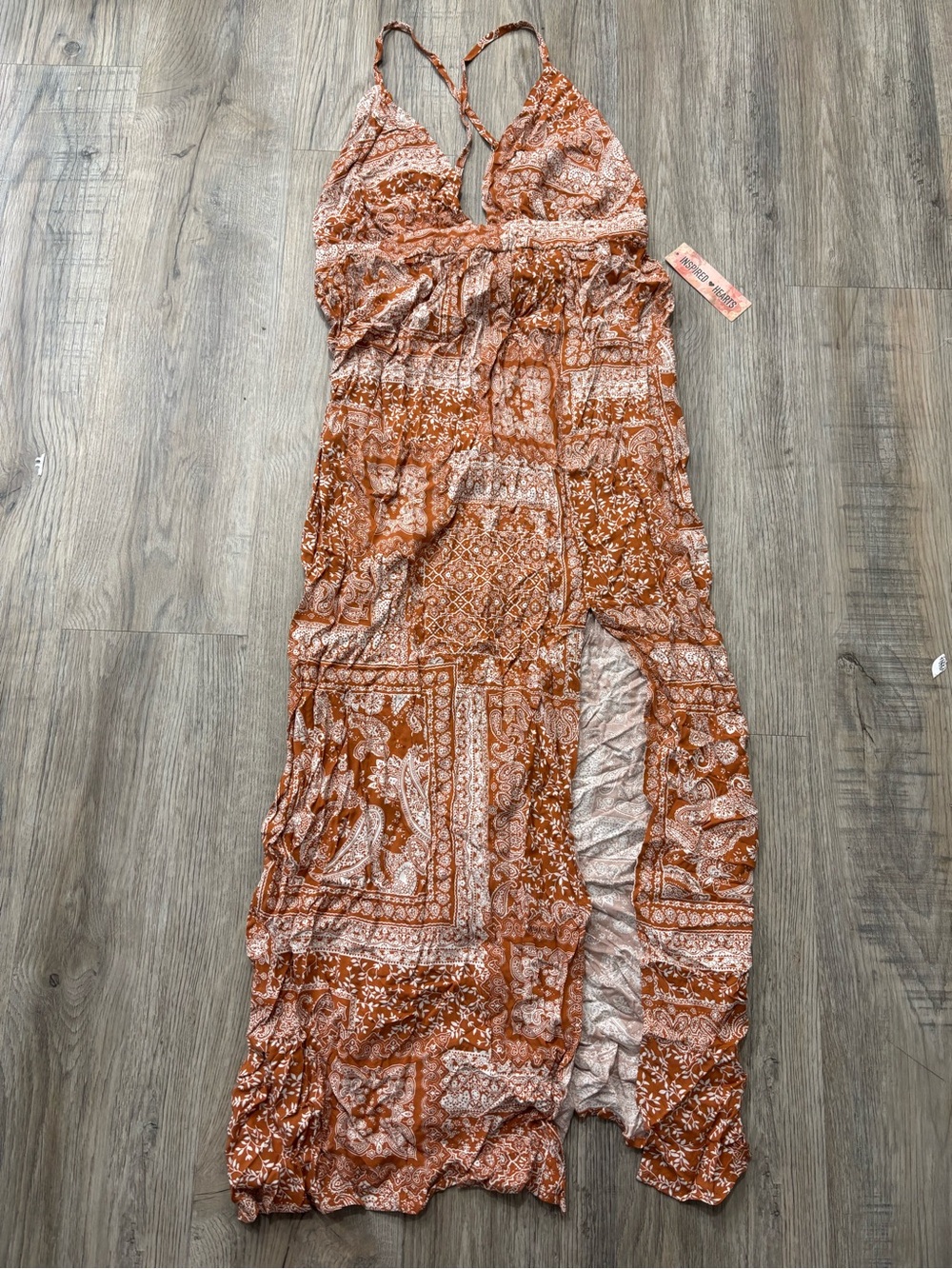 Sleeveless Rust Patchwork Maxi Dress with V-Neck